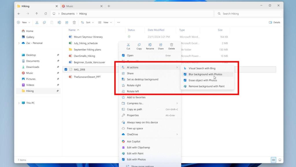 Acciones de IA en el Explorador de Archivos de Windows 11