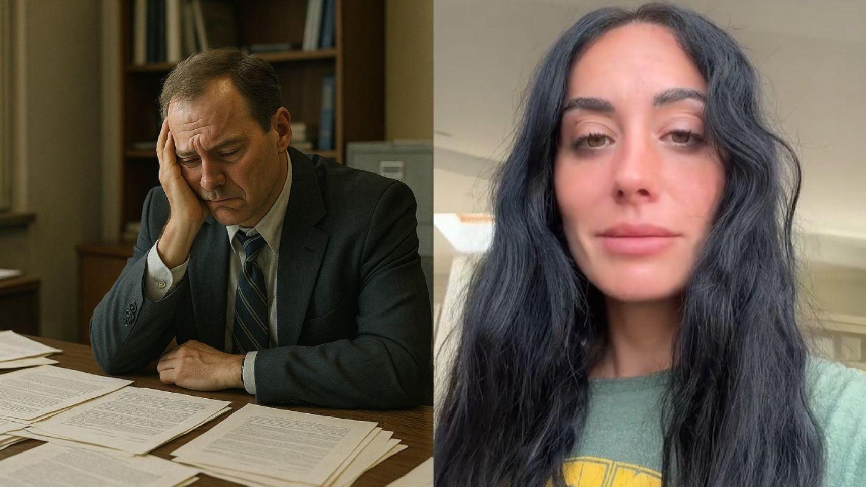 Fotomontaje de Laura, profesora de música, y un funcionario desanimado mientras lee unos documentos.