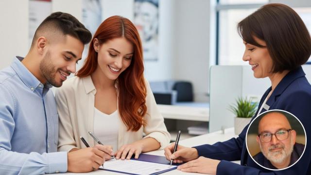 Montaje de Miguel García Tapia con dos jóvenes firmando una hipoteca en una imagen creada con IA.