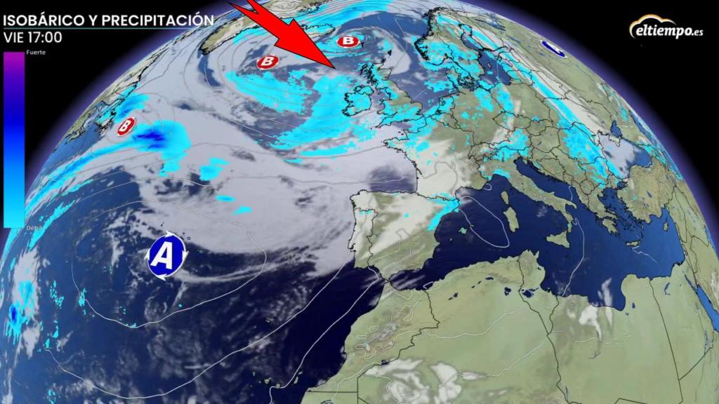 Los frentes asociados a borrascas en el norte que provocarán tormentas en España. ElTiempo.es.