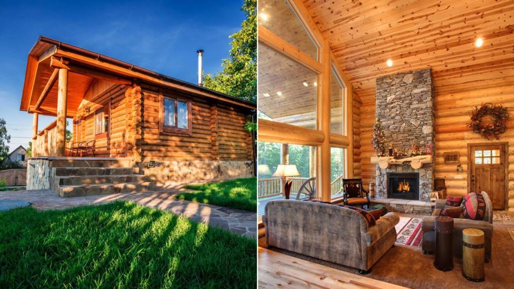 Casa rústica de madera con porche exterior.