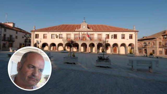 Imagen del Ayuntamiento de Villacastín y, en el círculo, Julio César Sánchez