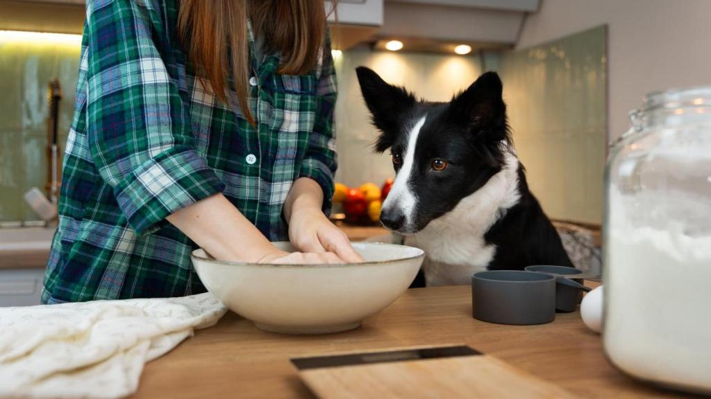 Una chica y un perro cocinando.