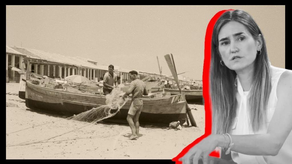 La ministra socialista Sara Aagesen sobre una imagen histórica de las casas de Playa Babilonia.