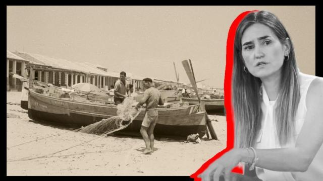 La ministra socialista Sara Aagesen sobre una imagen histórica de las casas de Playa Babilonia.