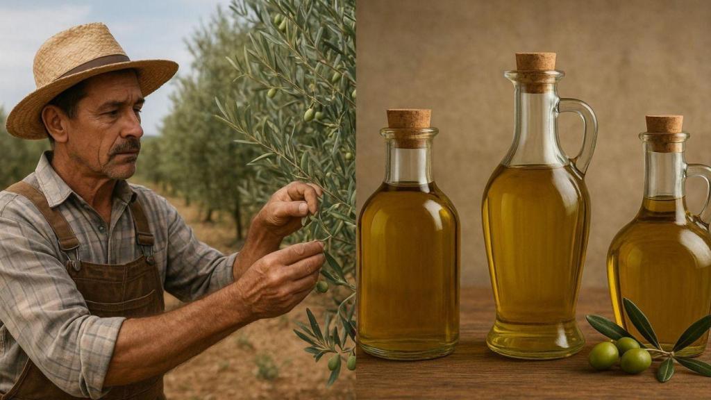 Un agricultor y aceite de oliva