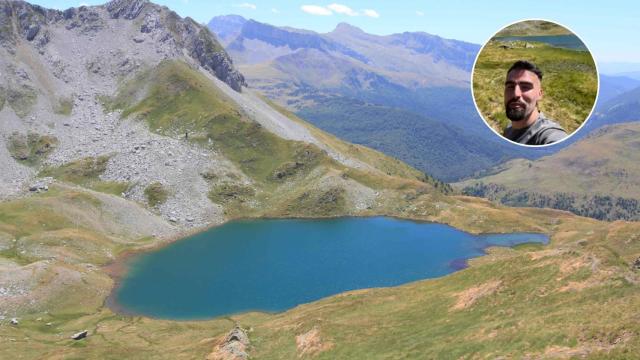 Eneko sorprendido con las impresionantes vistas de este ibón del Pirineo