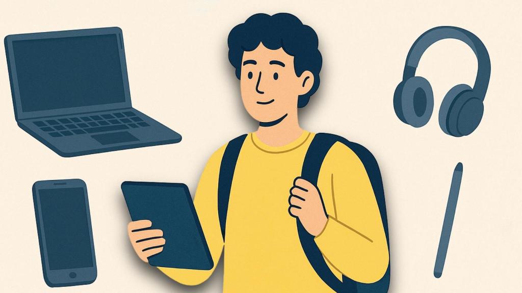 Ilustración de un estudiante universitario con diversos dispositivos tecnológicos