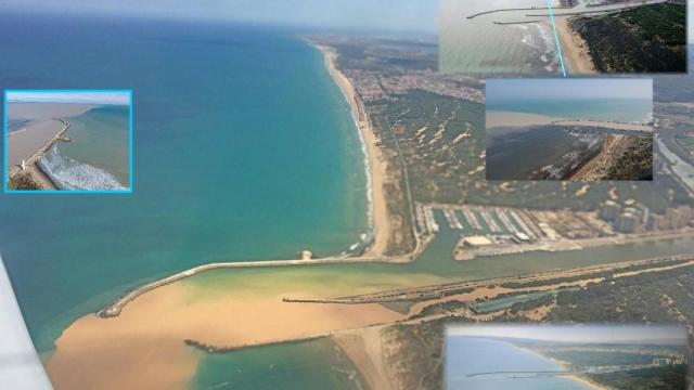 Vista aérea de cómo el espigón del Segura en Guardamar desvía los sedimentos.