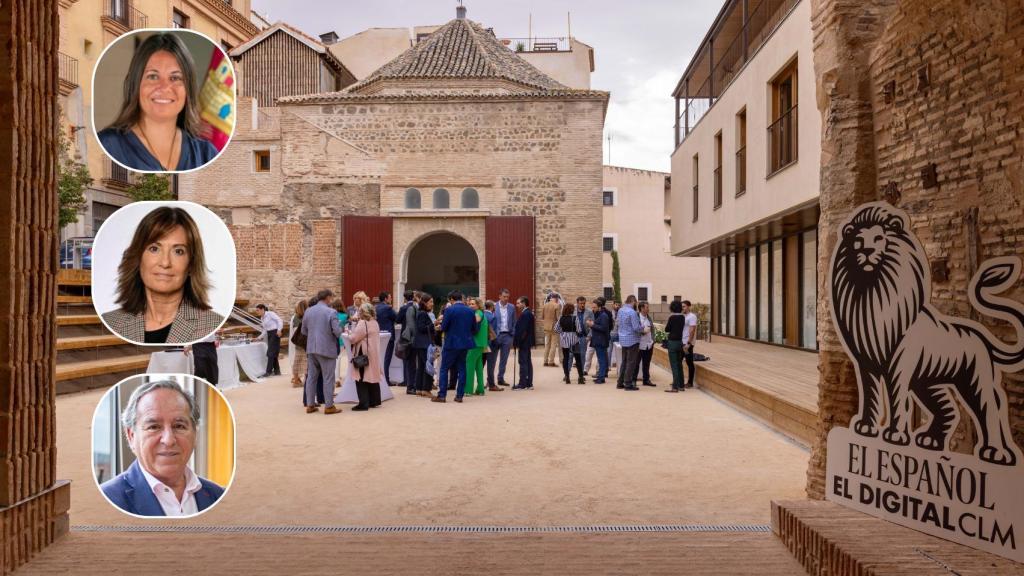 Bárbara García Torijano, Montserrat Buisán y Ángel Nicolás, de arriba a abajo, con el Salón Rico de Toledo al fondo.