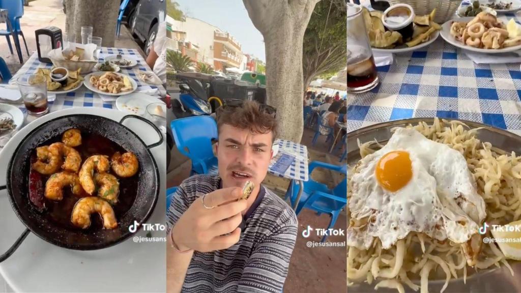 Montaje de un vídeo de Jesús Sánchez comiendo en un restaurante de El Palo