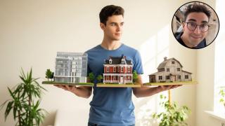 Montaje de Carlos Galán con un joven sosteniendo varias viviendas.