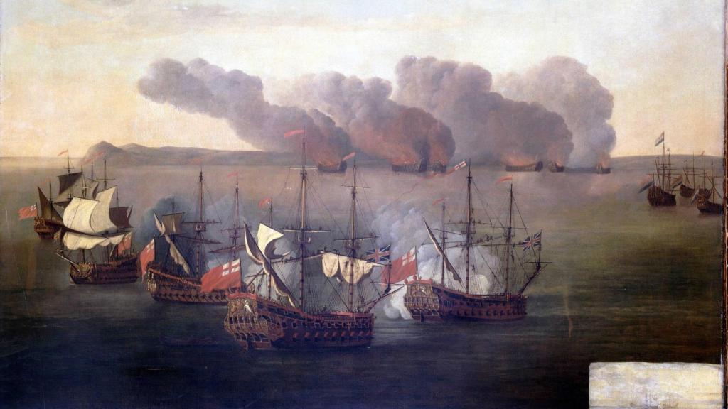 Flotas inglesa y holandesa atacando a corsarios berberiscos.