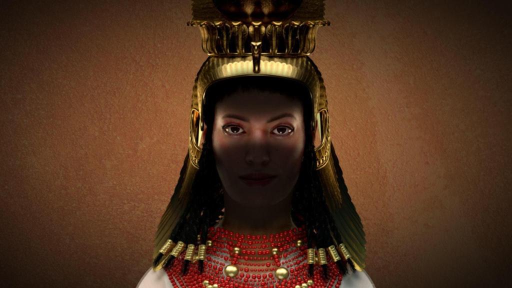 Recreación del aspecto de Cleopatra VII en una imagen de la exposición inmersiva 'Cleopatra', en Matadero Madrid. Foto: Madrid Artes Digitales