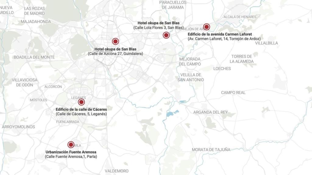 El mapa de los cinco edificios okupas más conflictivos de Madrid.