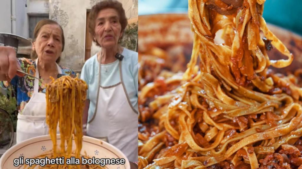 Las dos abuelas italiana y la pasta boloñesa.