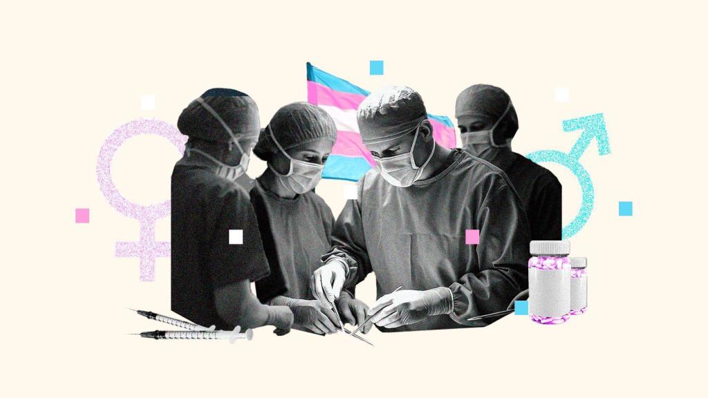 Ilustración de una sala de operación con la bandera del orgullo 'trans'.