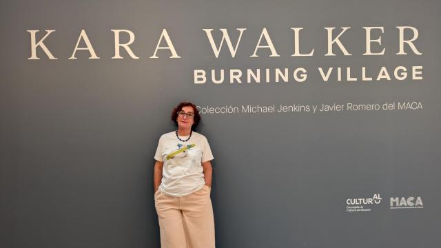 La comisaria Rosa Castells en la cartela de la exposición ya retirada en Alicante.