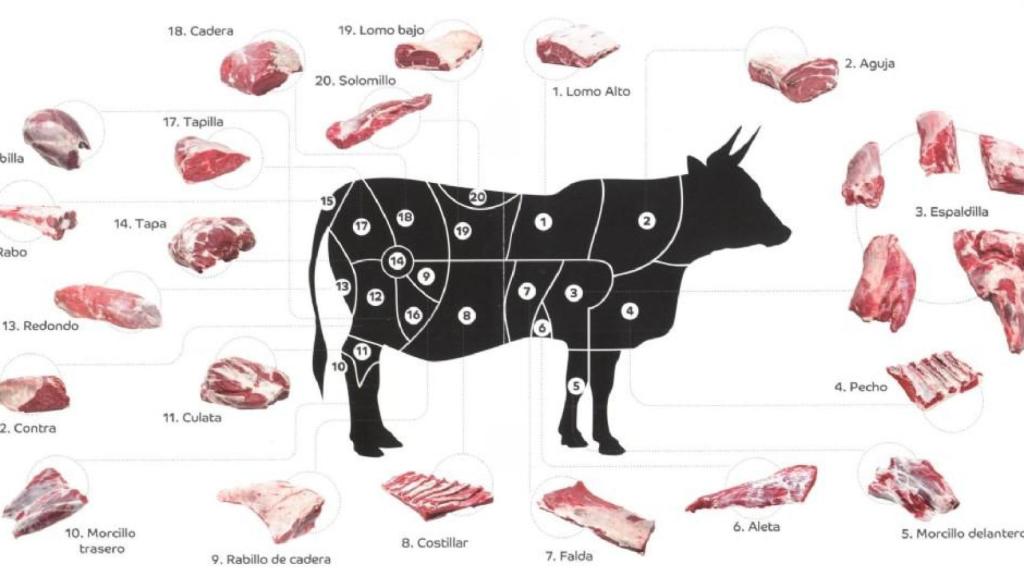 Los diferentes cortes de carne de vacuno.
