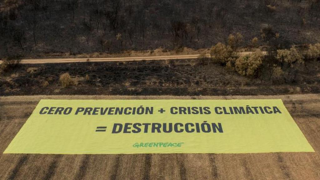 La pancarta desplegada por Greenpeace en Palacios de Jamuz (León)