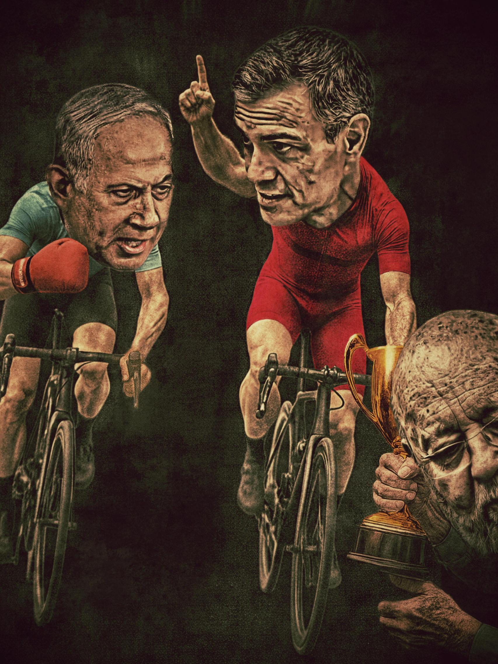 Ilustración de Netanayahu, Sánchez y Tezanos.