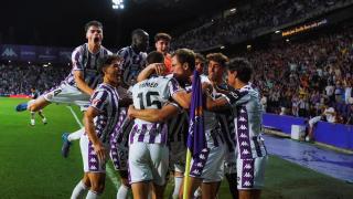 Los jugadores del Real Valladolid celebran uno de los goles frente a la UD Almería en el partido de este sábado en el Estadio José Zorrilla