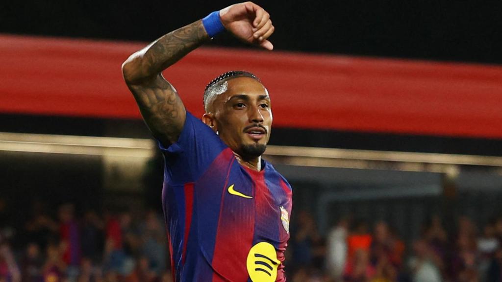 Raphinha celebra el segundo gol marcado ante el Valencia.