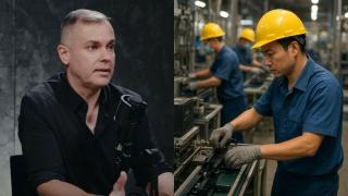 Adrián Díaz y una imagen generada por IA de varios operarios de fábrica.