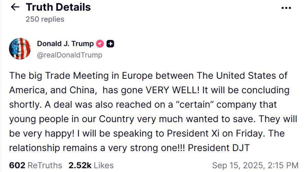 Truth Social de Trump sobre Tiktok.