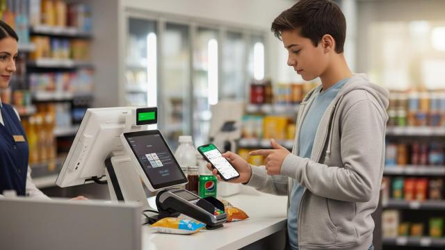 Un niño de unos 14 años pagando con su teléfono móvil en una imagen creada con IA.