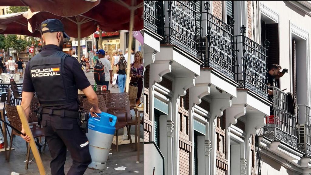 Un policía se lleva la bombona que amenazaba con explotar el hombre atrincherado en el centro de Madrid.