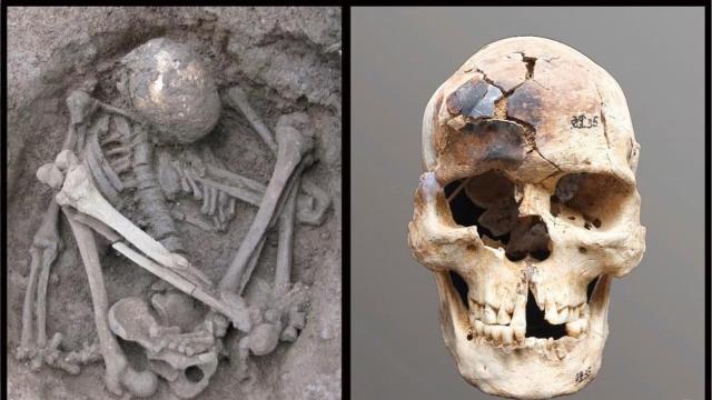Individuo joven de sexo masculino en posición hiperflexionada (izquierda) procedente del yacimiento de Liyupo, en Guangxi (China), de hace unos 7.000 años, con el cráneo parcialmente quemado (derecha).