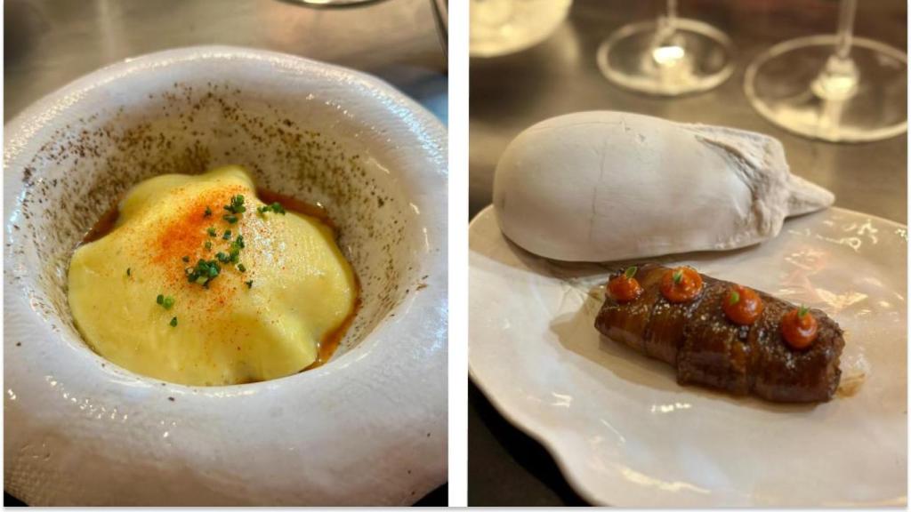 Tortilla de bacalao y berenjena rellena de lechona.