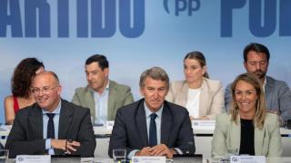 Alberto Núñez Feijóo, entre Miguel Tellado y Alma Ezcurra, en la Junta Directiva Nacional del PP.