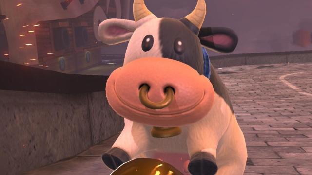 La nueva vaca del videojuego Mario Kart World con un aro en la nariz.