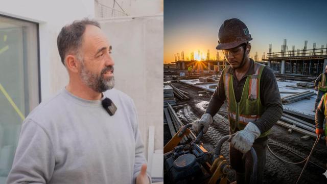 Pascual y una imagen generada por IA de un albañil trabajando.