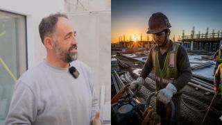 Pascual y una imagen generada por IA de un albañil trabajando.