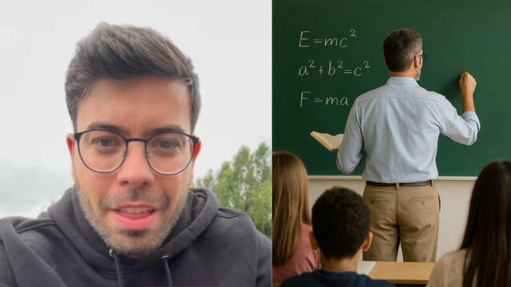 Montaje con Alejandro Mesa, profesor español en Irlanda y un profesor dando clase en un colegio