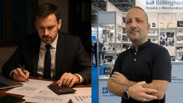 Imagen generada por IA de un empresario haciendo cuentas y Dámaso Curto.