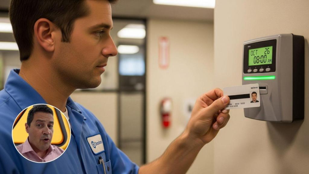 Imagen generada por IA de un trabajador fichando y el abogado Fernando Solano.