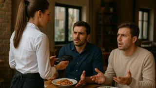 Una camarera cobrándole su comida a dos clientes