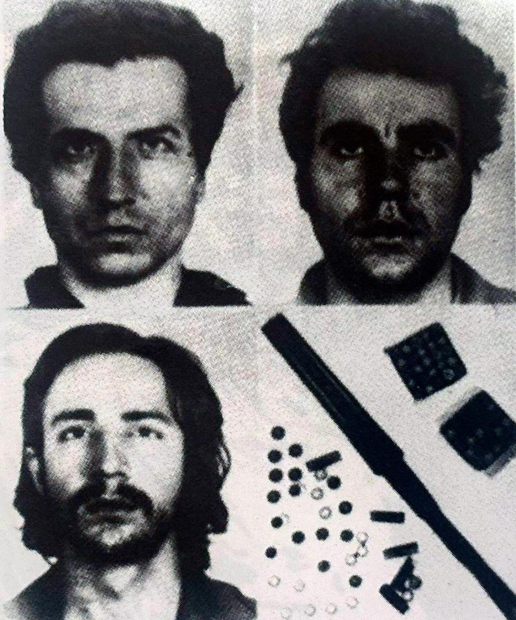 Arriba, Ramón García Sanz y José Luis Sánchez Bravo. Abajo, Manuel Cañaveras de Gracia y la escopeta de cañones recortados junto a cartuchos empleados en el crimen.