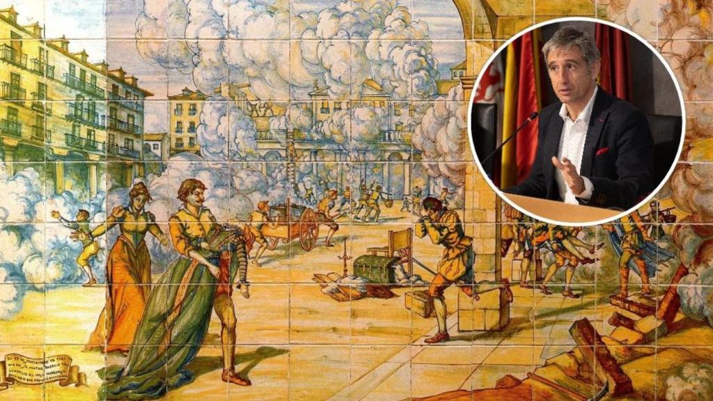 Representación del incendio del 21 de septiembre de 1561 y el profesor Enrique Berzal, en un montaje de EL ESPAÑOL