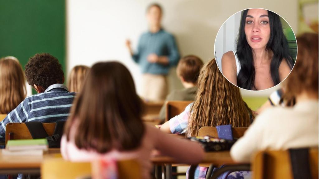 Un aula y la funcionaria Laura Daporta.