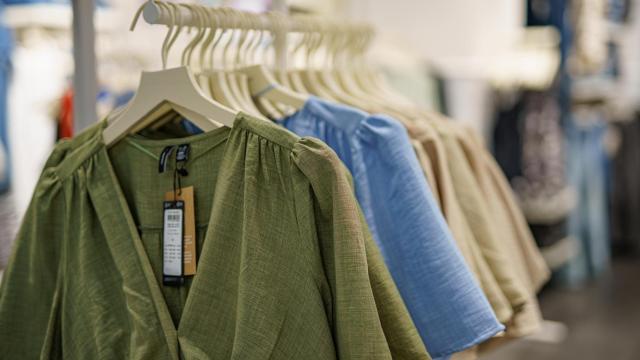 Un burro con ropa de mujer en un mercadillo