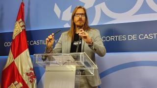 El portavoz de Podemos, Pablo Fernández, durante su rueda de prensa de este jueves en las Cortes de Castilla y León