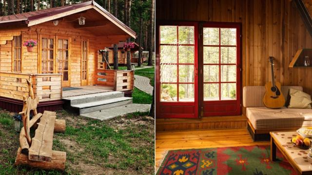 Casa prefabricada de madera vista desde el exterior e interior.