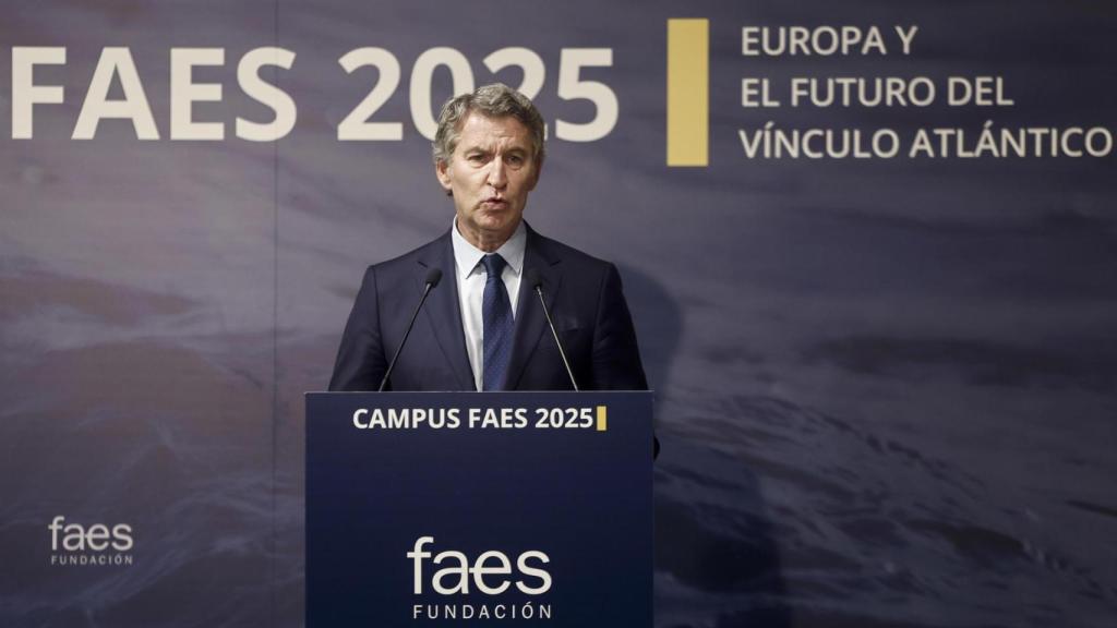 El presidente del PP, Alberto Núñez Feijóo interviene en la clausura del Campus FAES, este viernes.