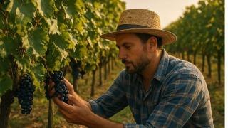 Un viticultor trabajando en el campo