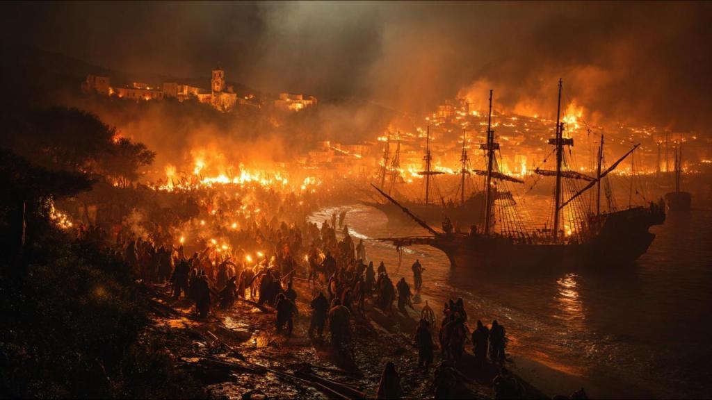 Representación artística del ataque a Cangas de 1617. Iván Fernández Amil